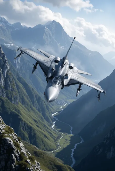 F16 fighter jet flying through rugged valleys 