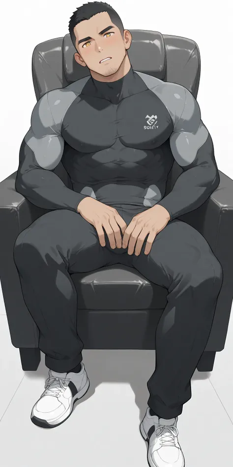 anime characters：Priapus, whole body, Buzz Cut, In a clean and tidy bedroom, Sit on an upscale sofa massage chair, The top is all meat pads, It has lots of milky white mucus on it, He grits his teeth, He's wearing a grey maintenance worker's suit, Wear a b...