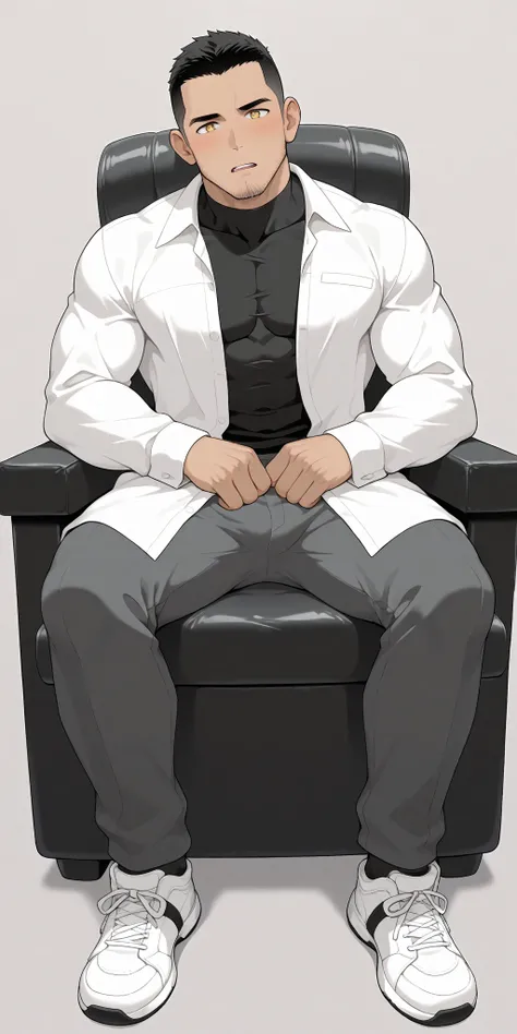 anime characters：Priapus, whole body, Buzz Cut, In a clean and tidy bedroom, Sit on an upscale sofa massage chair, The top is all meat pads, It has lots of milky white mucus on it, He grits his teeth, He's wearing a grey maintenance worker's suit, Wear a b...