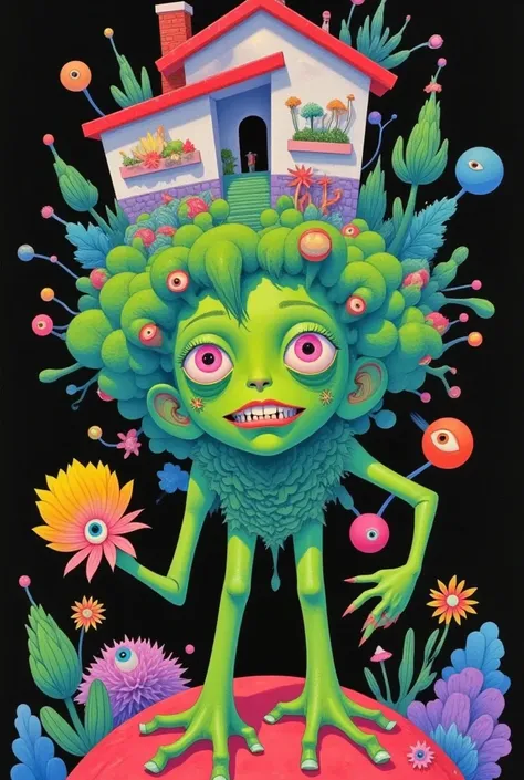 Bizarre and exaggerated method of expression ， very funny ：A 3D painting，wack。The background is a house with legs and teeth, Plants with eyes， A surrealistic painting inspired by Hiroshi Nagai ,, Psychedelic Art,  Psychedelic illustration ,  psychedelic su...