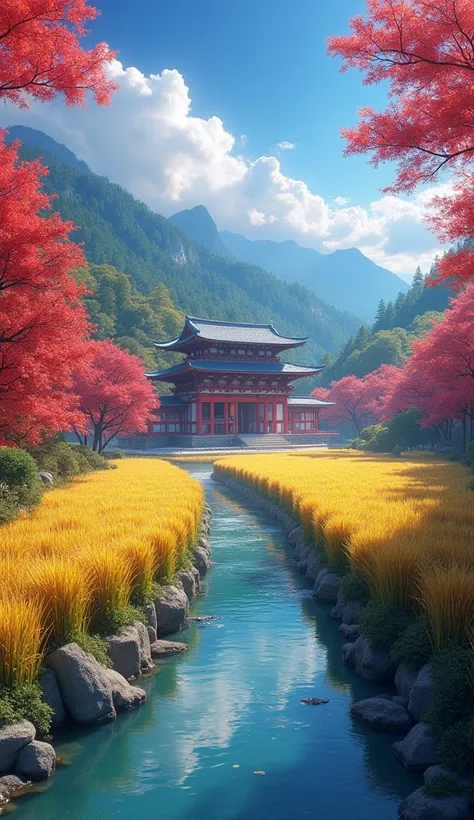 Vibrant Japanese countryside, autumn foliage, red maple trees, golden rice fields, crystal-clear river, traditional tea house, colorful torii gates, dramatic sky, dynamic lighting, photorealistic, 8k, extremely detailed, anime art style.