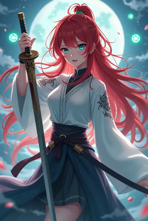 An anime character, a female swordsman with long red hair and an odd-eye