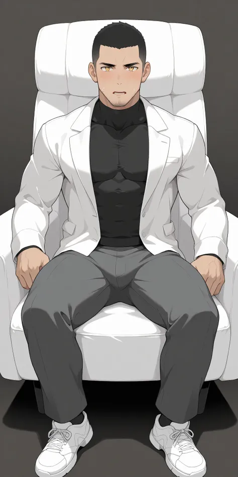 anime characters：Priapus, whole body, Buzz Cut, In a clean and tidy bedroom, Sit on an upscale sofa massage chair, The top is all meat pads, It has lots of milky white mucus on it, He grits his teeth, He's wearing a grey maintenance worker's suit, Wear a b...