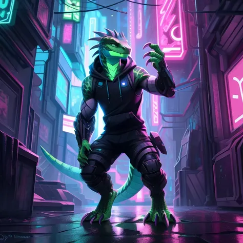 A wounded lizard warrior with neon-lit green scales, glowing cybernetic claws, black techwear sleeveless hoodie torn in battle, standing in rain-soaked neon alleyway, chromatic aberration, (by Syd Mead and Ash Thorp), cyberpunk digital painting, hyper-deta...