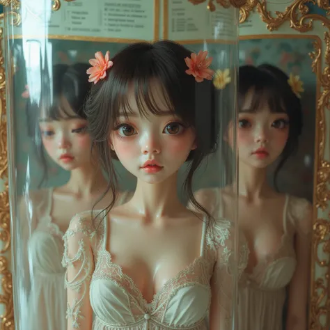 Dolly Packaged Girls. Beautiful Girls Trapped in Blister Package on Decorative Cardboard with instructions, LifeLike Live-Action, Bearfoot, Beautiful Reflective Eyes, Innocent, FlowerHairpin, Open Cleavage from ExtremeAngle, SpecularReflection, Stunning, S...