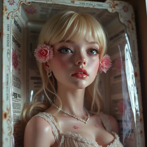 Dolly Packaged Girls. Beautiful Girls Trapped in Blister Package on Decorative Cardboard with instructions, LifeLike Live-Action, Bearfoot, Beautiful Reflective Eyes, Innocent, FlowerHairpin, Open Cleavage from ExtremeAngle, SpecularReflection, Stunning, S...