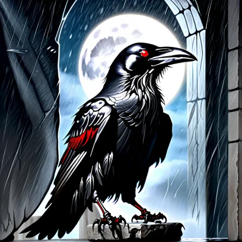  Skeleton of a raven with red eyes ,  with a closed beak in carbon black , with charcoal black claws ,  with feathers on the wings in carbon black,  with a background of night with a full moon and with a heavy rain, all in the realistic and gothic style .