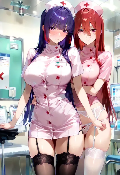 There are two women,  score_9,  score_8_ up,  score_7_ up,  source_Anime,Masterpiece, best quality , Beautiful Detailed Eyes ,  beautiful detailed lips ,  highly detailed eyes and face , 2 women,  smiles, nurse,   white nurse outfit、 Thin Waist ,  stylish ...