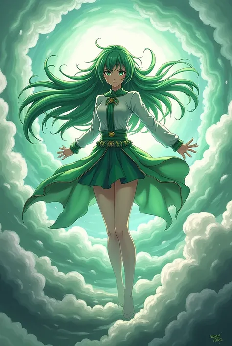 An anime character with long green hair and green eyes who can manipulate the wind