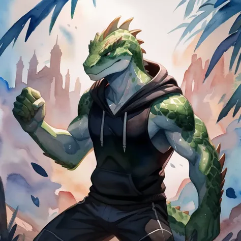 A handsome lizard man with green scales, wearing a black sleeveless hoodie, sweat-drenched, warrior, fighting pose, wounded, soft brushstrokes, pastel tones, artistic and painterly, traditional watercolor aesthetic