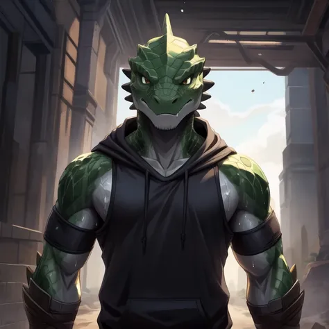 A handsome lizard man with green scales, wearing a black sleeveless hoodie, sweat-drenched, warrior, (taking off his clothes), wounded