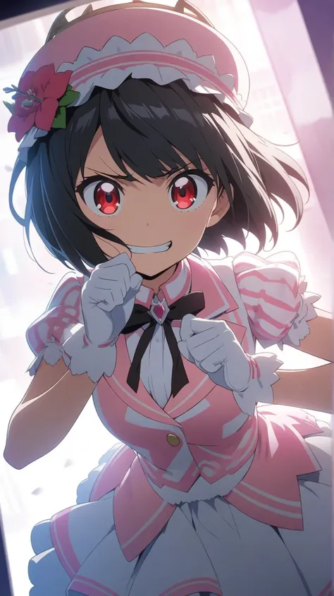 ( score_9, score_8_up, score_7_up ), ultra-detailed, detailed face, close-up portrait, high angle shot, 
BREAK
focus on face, dynamic angle, dutch angle shot, (looking at viewer), Solo, a girl, grinning, , loli, bob haircut, black hair, ahoge, sad, big eye...