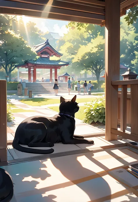 A gentle and gentle scene depicting a campus with black cats drawn at a shrine with strong sunlight, The model black cat is comfortably sunbathing, The sight of a long-haired painter with hair tied up drawing a comfortably relaxing black cat on an upright ...