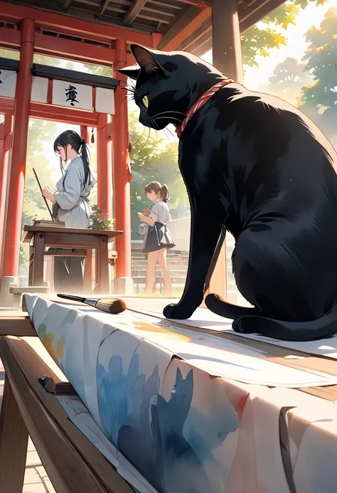 A gentle and gentle scene depicting a painter drawing a picture of a black cat at a shrine with strong sunlight, Highlight the black cat depicted on campus, The sight of a long-haired painter with hair tied up drawing a cat on an upright campus is heartwar...