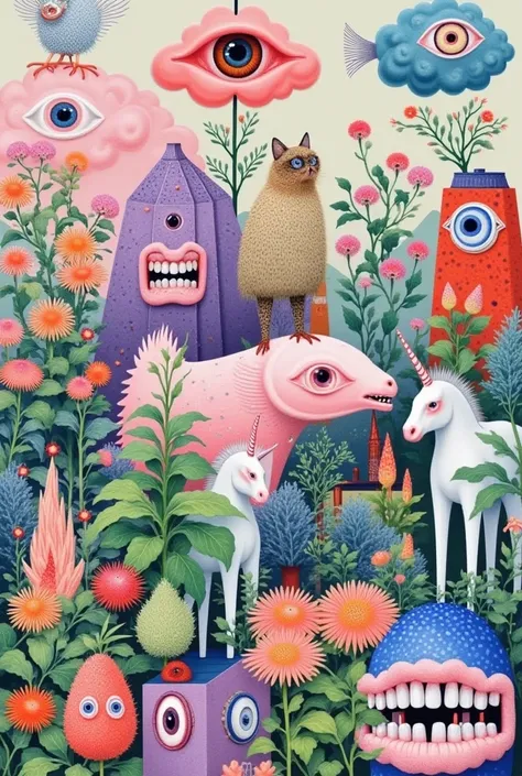   A whimsical fantasy scene of all kinds of fantastic creatures  , plant,  and unicorns  .       The composition includes a forest  ,  Eye clouds  ， Eye fish  ，  flying unicorns  ,  and an eagle ,   are all rendered in soft pink , Purple, blue , Green vege...