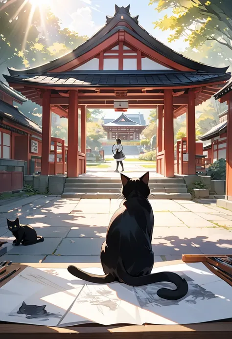 A black cat depicted on a campus propped up in the suburbs, A gentle and gentle scene peeking into the campus from behind a painter drawing a picture of a black cat at a shrine with strong sunlight, Highlight the black cat depicted on campus, The sight of ...