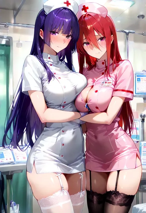 There are two women,  score_9,  score_8_ up,  score_7_ up,  source_Anime,Masterpiece, best quality , Beautiful Detailed Eyes ,  beautiful detailed lips ,  highly detailed eyes and face , 2 women,  smiles, nurse,   white nurse outfit、 Thin Waist ,  stylish ...