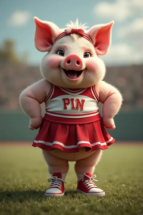 photorealistic portrait of Dressed animals - a ((fat)) (baby pig) cheerleader,(art by Giuseppe Arcimboldo:1.2),(full body image:1.3), (hands on hips:1.5),(furry), (happy smile:1.5),high quality,(lovely) , highly detailed cute  top with team logo ,intricate...