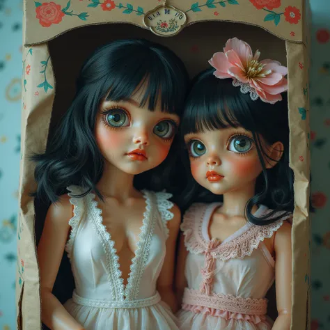  Packaged Dolly Girls. Cute Girls Trapped in Blister Package on Decorative Cardboard with instructions, LifeLike Live-Action, Bearfoot, Stunning Reflective Eyes, Innocence, FlowerHairpin, Open Cleavage from ExtremeAngle, SpecularReflection, Stunning, Super...