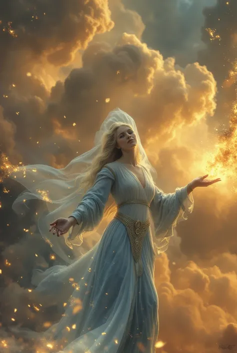  radiating divine energy。The goddess is 、Solo shot of a blond goddess with a gentle smile on her face 。A solo shot of a blond goddess wearing a blue coat 、 flowing hair and a veil fluttering in the wind 。 holding up glowing petals with both hands 、 glowing...