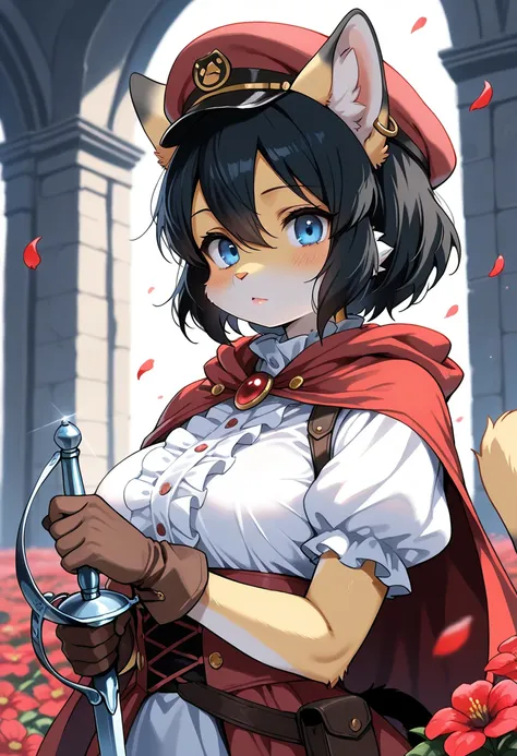 masterpiece, best quality, amazing quality, very aesthetic, high resolution, 1girl, (furry, kemono:1.4), cat girl, animal nose, cat ears, cat tail, black hair, short hair, lips, hair between eyes, blue eyes, gloves, hat, earrings, puffy sleeves, puffy shor...