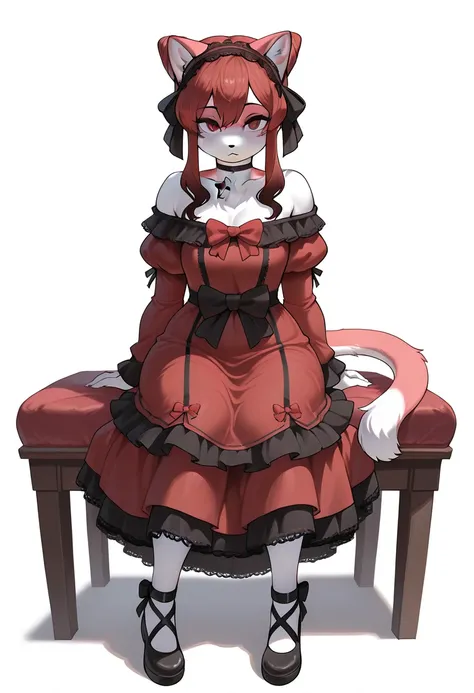 masterpiece, best quality, amazing quality, very aesthetic, high resolution, 1girl, (furry, kemono:1.4), cat girl, animal nose, cat ears, cat tail, red hair, red eyes, cone hair bun, bare shoulders, sidelocks, hair bun, dress, Crimson Red dress, lolita fas...