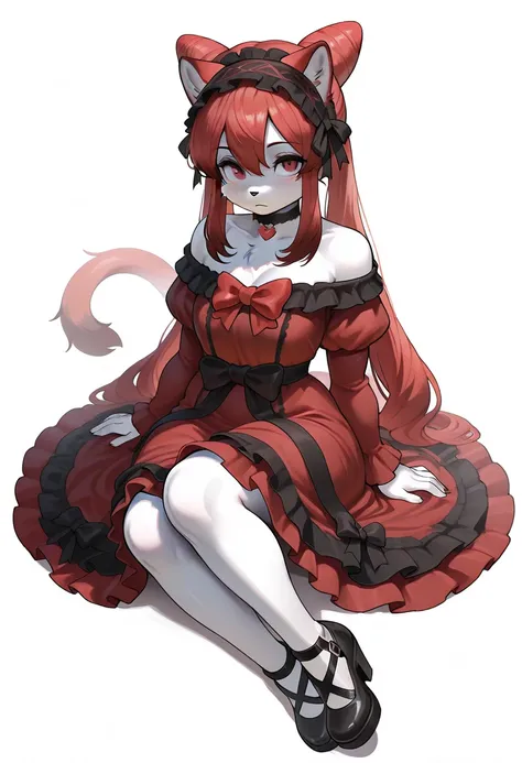 masterpiece, best quality, amazing quality, very aesthetic, high resolution, 1girl, (furry, kemono:1.4), cat girl, animal nose, cat ears, cat tail, red hair, red eyes, cone hair bun, bare shoulders, sidelocks, hair bun, dress, Crimson Red dress, lolita fas...