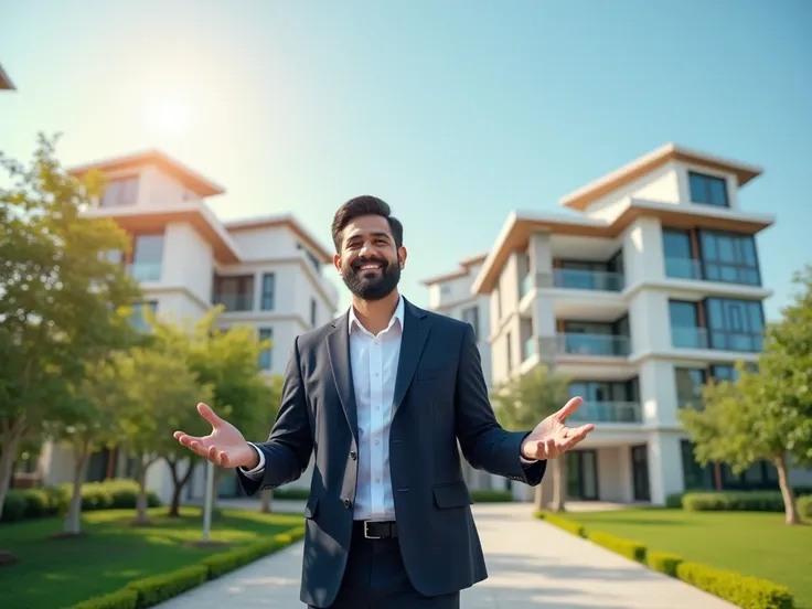 "A highly realistic image of an Indian man in formal business attire, standing confidently with a welcoming expression. He is holding a file or tablet in one hand and gesturing slightly with the other, as if introducing or explaining something. The backgro...