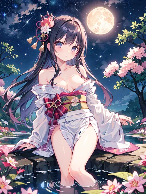 （Masterpiece）、( best quality )、(( very detailed))、( very delicate )、Beautiful shiny hair、 beautiful breasts 、 Gorgeous Japanese Kimono 、I was sticking my shoulders out .、Chest、 looking up from below、At Night by the Pond 、 amazing starry sky、 fantastic moon...