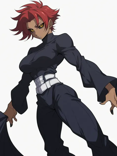 Female,pandora, short hair, red hair, spiky hair, upturned hair, short hair, slicked back hair, combed back, bare forehead, slicked back hair, slicked back hair, yellow eyes, slightly tanned skin, flat coloring, 2D coloring, muscular body, bright pupils, b...