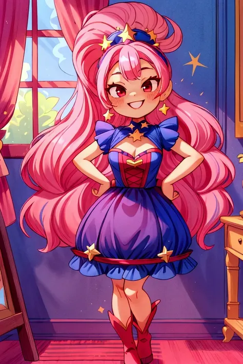 (masterpiece, best quality) standing, indoor, intricate detail, sunlight, dar blue navy frill dress, red boots, pink hair with a high ponytail, smile face, red eyes, cute stars diadema, smiley and sexy expression, sexy pose, coquette, gorgeous legs, mature...