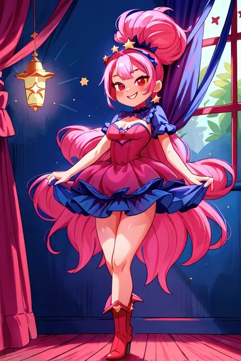 (masterpiece, best quality) standing, indoor, intricate detail, sunlight, dar blue navy frill dress, red boots, pink hair with a high ponytail, smile face, red eyes, cute stars diadema, smiley and sexy expression, sexy pose, coquette, gorgeous legs, mature...