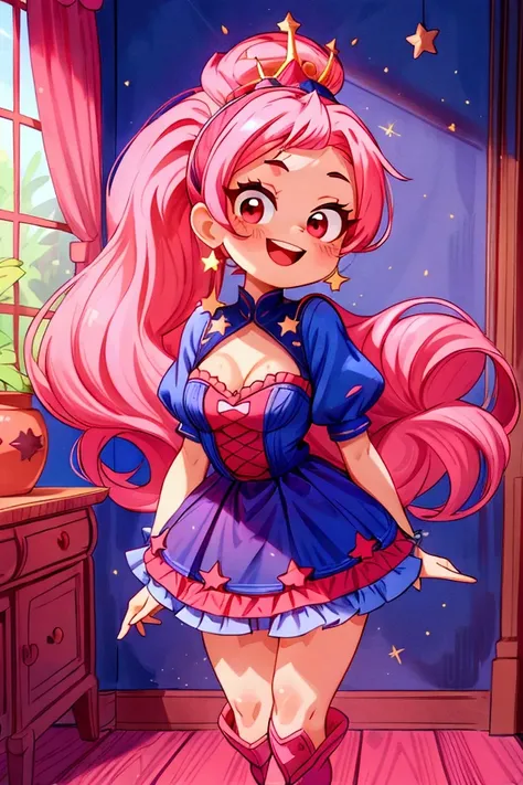 (masterpiece, best quality) standing, indoor, intricate detail, sunlight, dar blue navy frill dress, red boots, pink hair with a high ponytail, smile face, red eyes, cute stars diadema, smiley and sexy expression, sexy pose, coquette, gorgeous legs, mature...