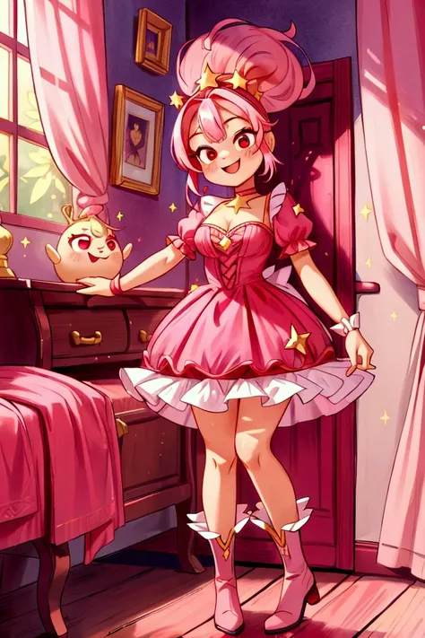 (masterpiece, best quality) standing, indoor, intricate detail, sunlight, dar frill dress, red boots, pink hair with a high ponytail, smile face, red eyes, cute stars diadema, smiley and sexy expression, sexy pose, coquette, gorgeous legs, mature ager body...