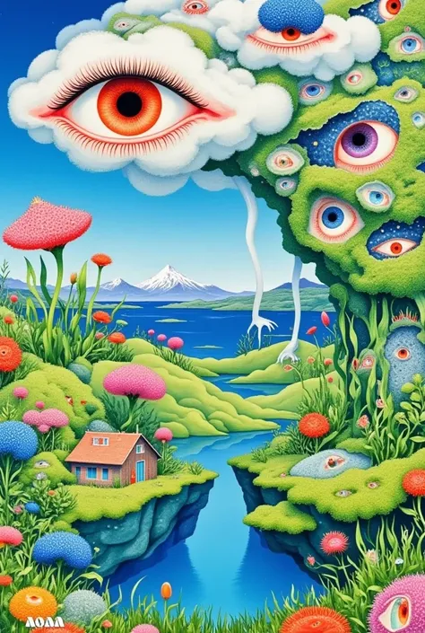 3D Rendering， paint a surreal landscape with a house and big eyes, 流行 Surrealism lowbrow art style,  psychedelic surreal art ,  Psychedelic illustration , lowbrow 流行 Surrealism, 流行 -  Surrealism,  Jim Woodlin , 流行 Surrealism art style,  Surrealism, Infecte...