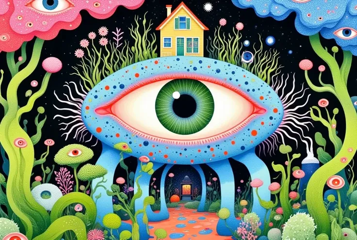  paint a surreal landscape with a house and big eyes, 流行 Surrealism lowbrow art style,  psychedelic surreal art ,  Psychedelic illustration , lowbrow 流行 Surrealism, 流行 -  Surrealism,  Jim Woodlin , 流行 Surrealism art style,  Surrealism, Infected mushrooms ,...