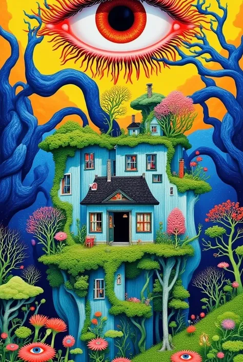 3D Rendering， paint a surreal landscape with a house and big eyes, 流行 Surrealism lowbrow art style,  psychedelic surreal art ,  Psychedelic illustration , lowbrow 流行 Surrealism, 流行 -  Surrealism,  Jim Woodlin , 流行 Surrealism art style,  Surrealism, Infecte...