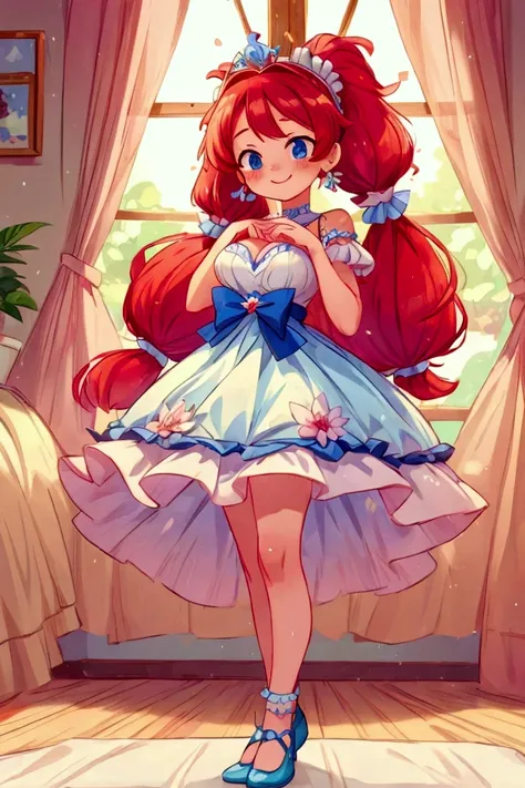 (masterpiece, best quality), 1girl, blue and white frill dress, red hair, two ponytails, cute face, blue eyes, standing, indoor, intricate detail, sunlight, multicolor flower tiara, sexy pose, blue and white shoes, earrings, elegant hand watch, smile, coqu...