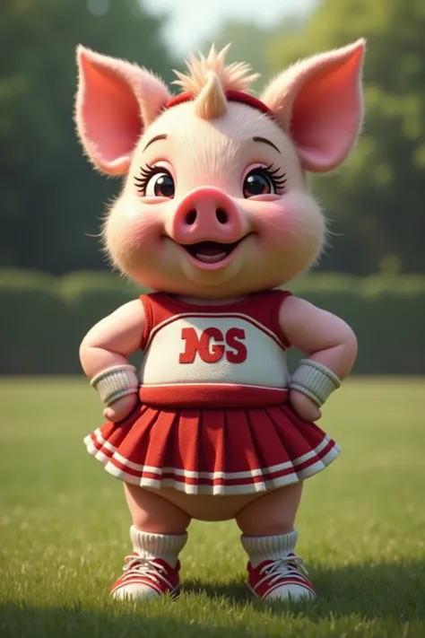 photorealistic portrait of Dressed animals - a ((fat))chibi (baby pig) cheerleader,(art by Giuseppe Arcimboldo:1.2),(full body image:1.3), (hands on hips:1.5),(furry), (happy smile:1.5),high quality,(lovely) , highly detailed cute  top with team logo ,intr...