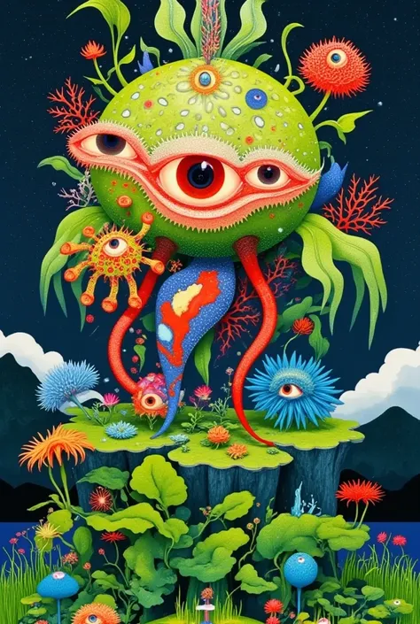 ((( psychedelic surreal art , Hyper-realistic flat colors, colorful flat surreal surreal hybrid animal, alebrijes aesthetics))).(((Alien animals，Long tentacles，One-Eye，Strange Plants )))
