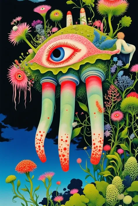 ((( psychedelic surreal art , Hyper-realistic flat colors, colorful flat surreal surreal hybrid animal, alebrijes aesthetics))).(((Alien animals，Long tentacles，One-Eye，Strange Plants )))
