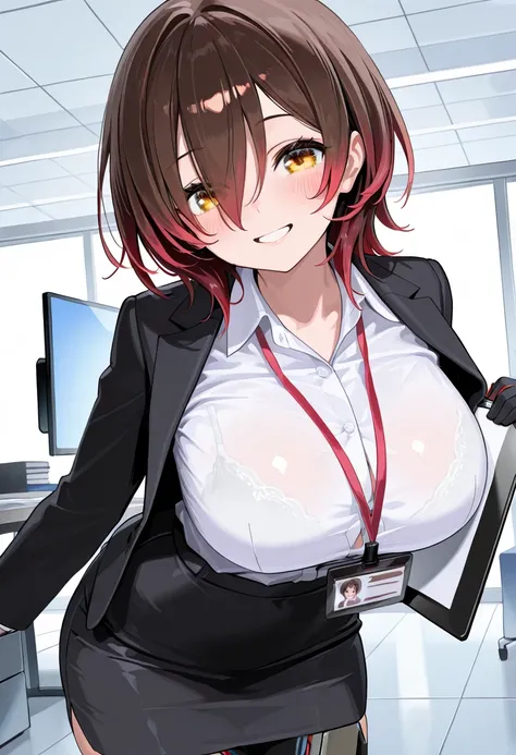 ( best quality  , 8k , masterpiece , incredibly absurdres , beautiful woman , perfect body , super detailed skin , highly detailed eyes and face ) , 1 person , roboco , original hair color , smile ,  will be happy , (  office lady ,  suit ,  white shirt  ,...