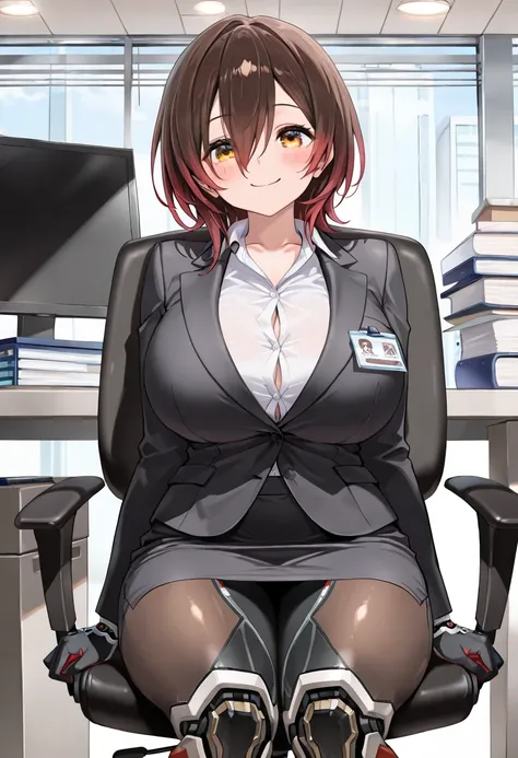 ( best quality  , 8k , masterpiece , incredibly absurdres , beautiful woman , perfect body , super detailed skin , highly detailed eyes and face ) , 1 person , roboco , original hair color , smile ,  will be happy , (  office lady ,  suit ,  white shirt  ,...