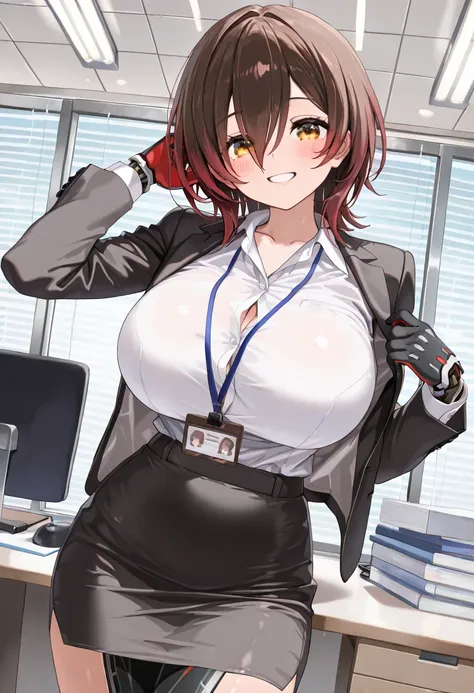 ( best quality  , 8k , masterpiece , incredibly absurdres , beautiful woman , perfect body , super detailed skin , highly detailed eyes and face ) , 1 person , roboco , original hair color , smile ,  will be happy , (  office lady ,  suit ,  white shirt  ,...