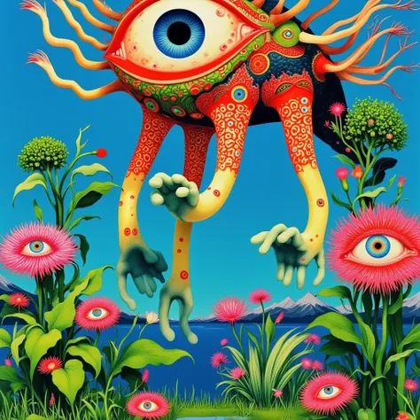 ((( psychedelic surreal art , Hyper-realistic flat colors, colorful flat surreal surreal hybrid animal, alebrijes aesthetics))).(((alien animals，Long tentacles，One-Eye，Strange Plants )))
