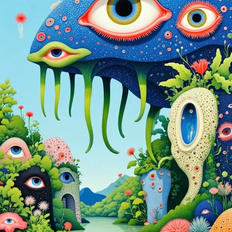 ((( psychedelic surreal art , Hyper-realistic flat colors, colorful flat surreal surreal hybrid animal, alebrijes aesthetics))).(((Alien animals，Long tentacles，One-Eye，Strange Plants )))
