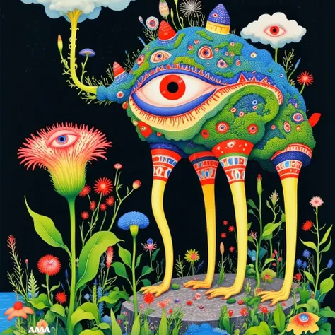 ((( psychedelic surreal art , Hyper-realistic flat colors, colorful flat surreal surreal hybrid animal, alebrijes aesthetics))).(((Alien animals，Long tentacles，One-Eye，Strange Plants )))
