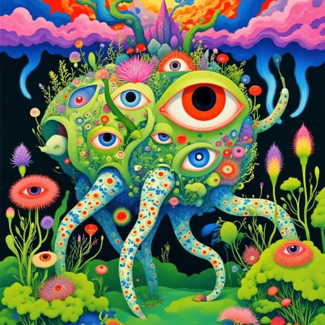 ((( psychedelic surreal art , Hyper-realistic flat colors, colorful flat surreal surreal hybrid animal, alebrijes aesthetics))).(((Alien animals，Long tentacles，One-Eye，Strange Plants )))
