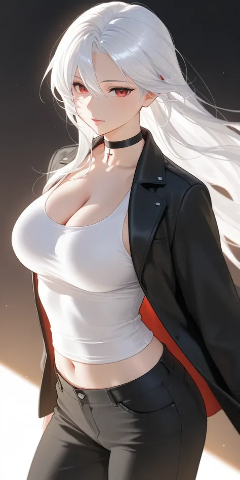 mature female, white hair, long hair, red eyes, white tank top, midriff, cleavage, long black pants, black jacket, choker, soft light, highly detailed, best quality, vampire