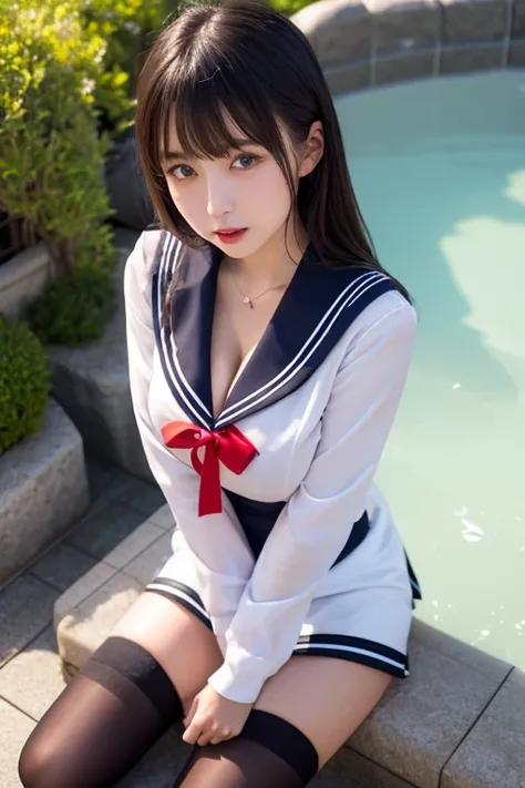 ((  best quality  )), ((Masterpiece)), (  Details),   girls ,   sexy、  sailor suit 、  big breasted 、  black hair、  miniskirt、  beautiful girl、  red ribbon、  cleavage 、ネイビーの  sailor suit 、 black knee-highs、Taking a bath in a Japanese hot spring、I'm rolling ...